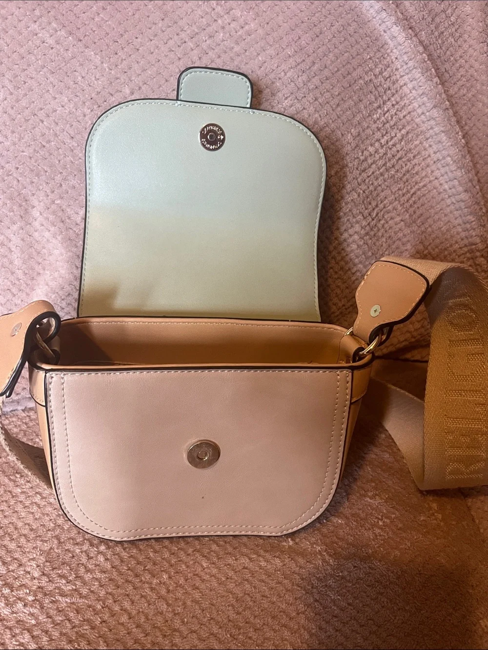 True Religion Mint Green Leather Crossbody with Beige Canvas Strap